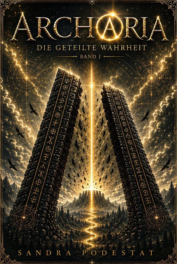 Buchcover: Archoria – Die geteilte Wahrheit, Band 1 von Sandra Podestat. Zwei aufragende Steinsäulen mit goldenen Runen vor einem Lichtstrahl.